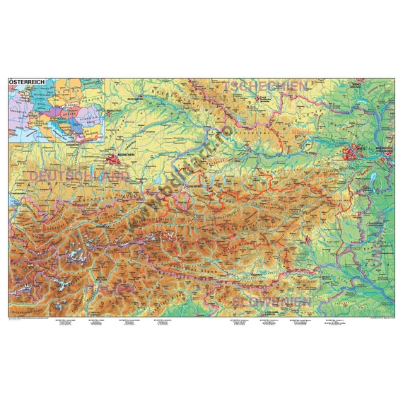 Harta topografică a Austriei (în limba germană) 100x70 cm MONO