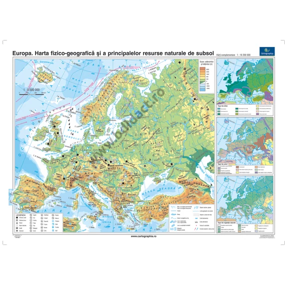 Harta fizico-geografică și principalele resurse naturale subterane din Europa. 140*100 cm