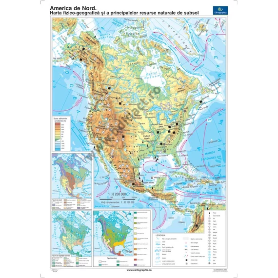 Harta fizico-geografică și principalele resurse naturale subterane din America de Nord. Harta politică. Duo Plus 160*120 cm