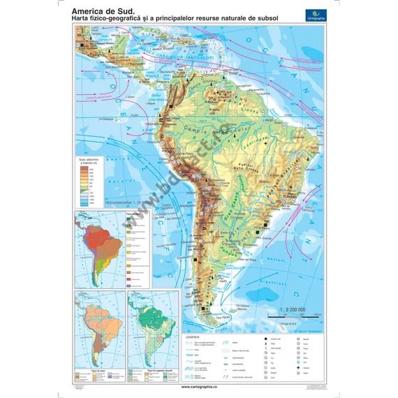 Harta fizico-geografică și principalele resurse naturale subterane din America de Sud. Harta politică.  Duo Plus 100*140 cm