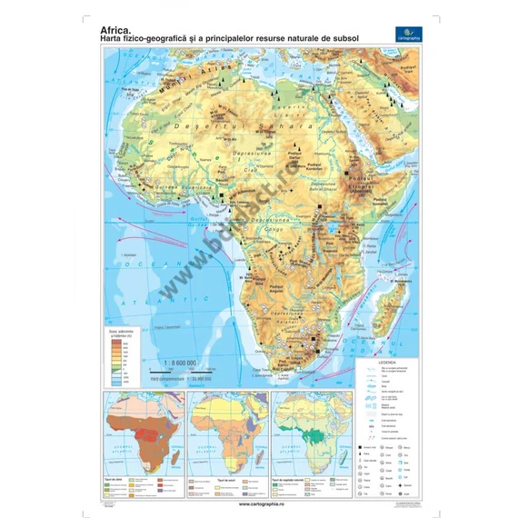 Harta fizico-geografică și principalele resurse naturale subterane din Africa. Harta politică. Duo Plus 160*120 cm