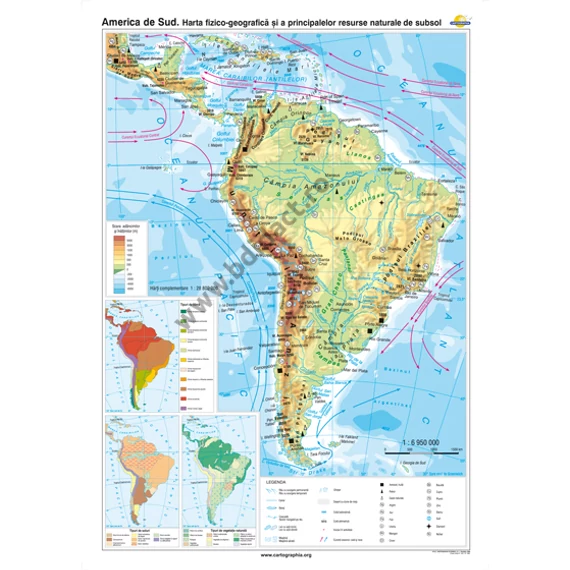 America de Sud. Harta fizico-geografică şi a principalelor resurse naturale de subsol - 120*160 cm