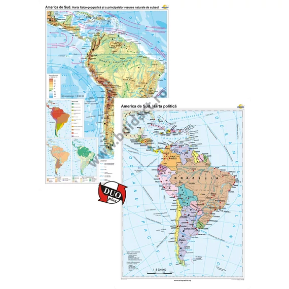 America de Sud. Harta fizico-geografică și a principalelor resurse naturale de subsol și America de Sud. Harta politică – Duo Plus - 120*160 cm