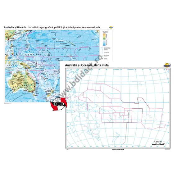 Australia şi Oceania. Harta fizico-geografică, politică şi a principalelor resurse naturale – Duo - 160*120 cm
