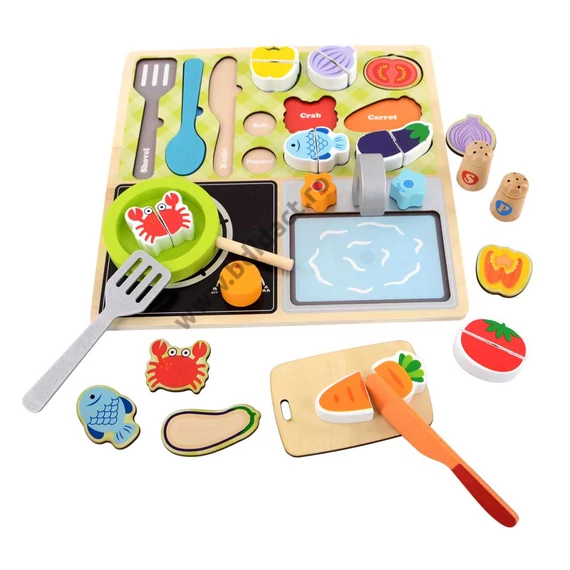 Set de masa cu accesorii de bucatarie - Set de jucarie din lemn